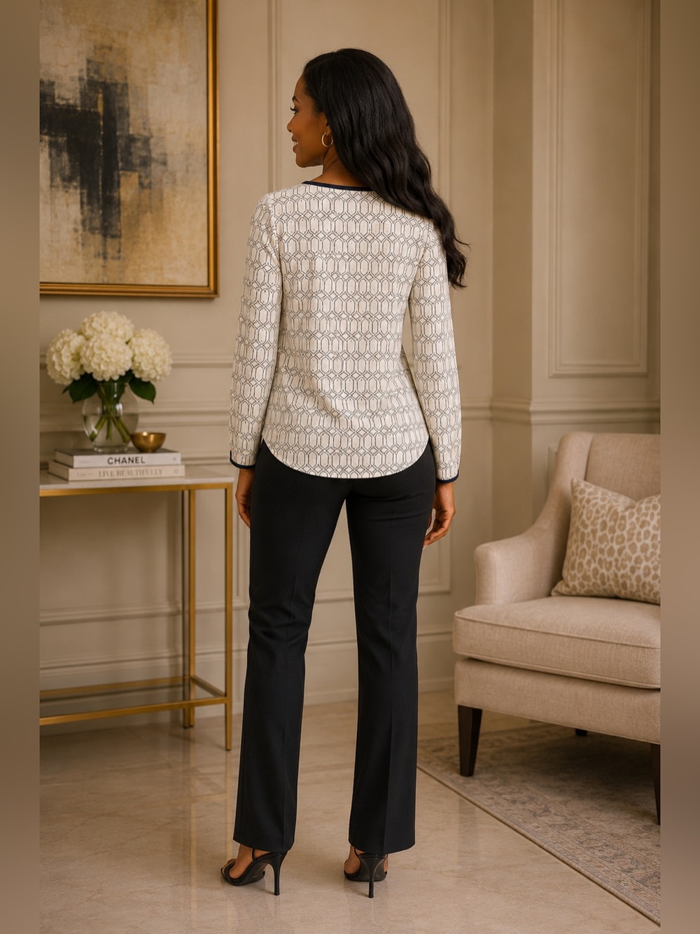 NWOT Ivanka Trump Cream and Black Long Sleeve Top - Picture 4 of 5